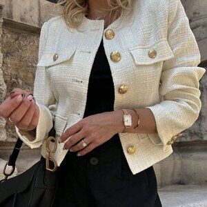 Apricot Elegant Women's Solid Color Tweed Jacket